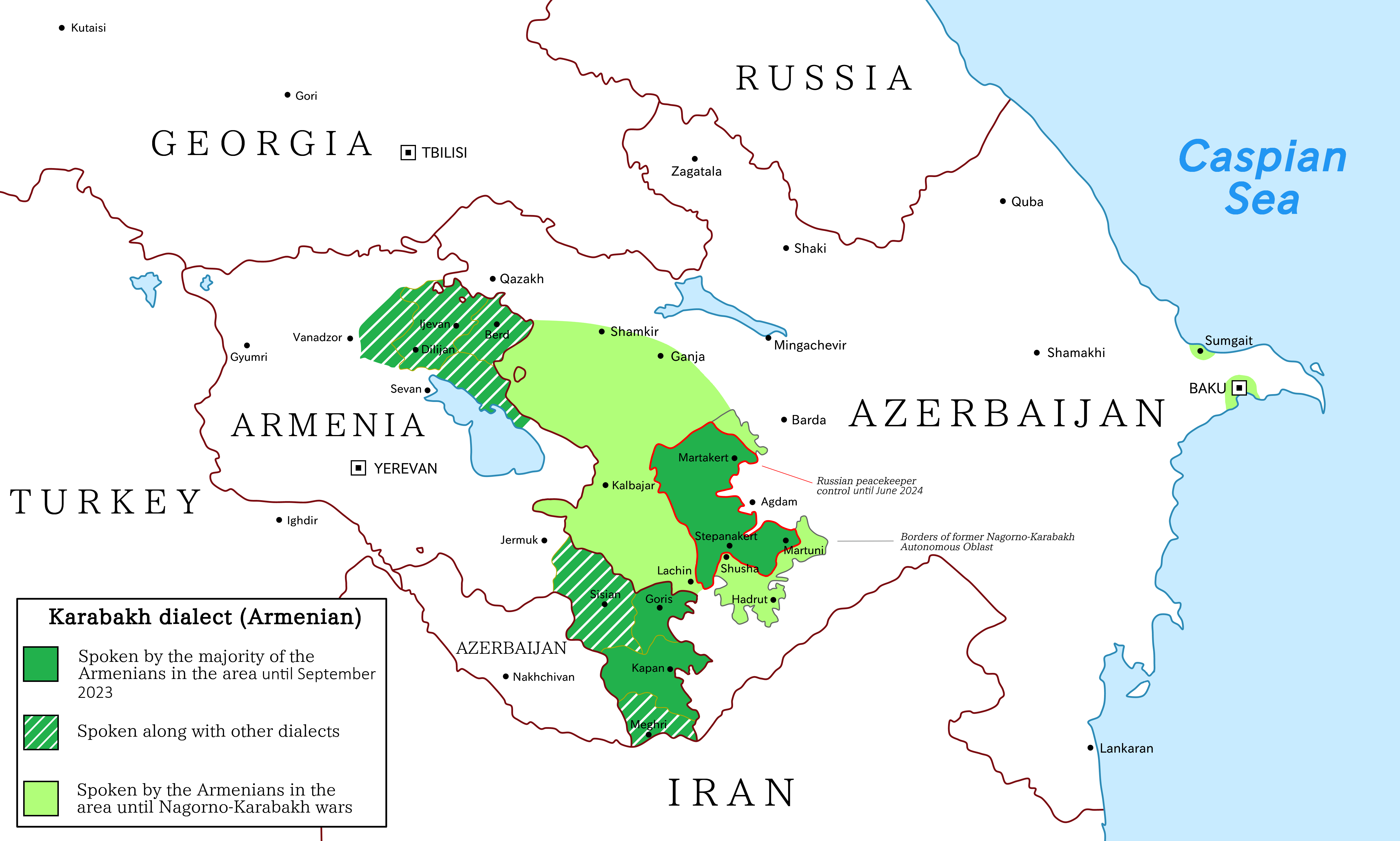 Geographic distribution of the Karabakh dialect until September 2023. Map: Wikipedia