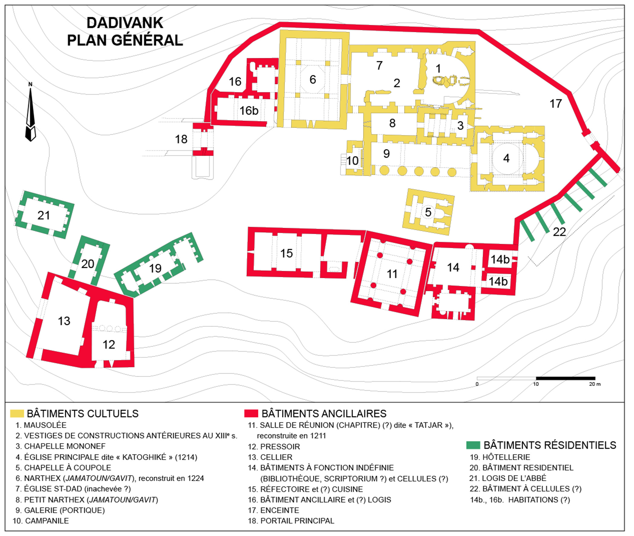 Dadivankʻ monastery (late 12th-13th century), Artsʻakh. General plan: S. Ayvazyan, after: Ayvazyan & Sargsyan 2012, p. 2, revised by P. Donabédian and L. Maggiori, LA3M