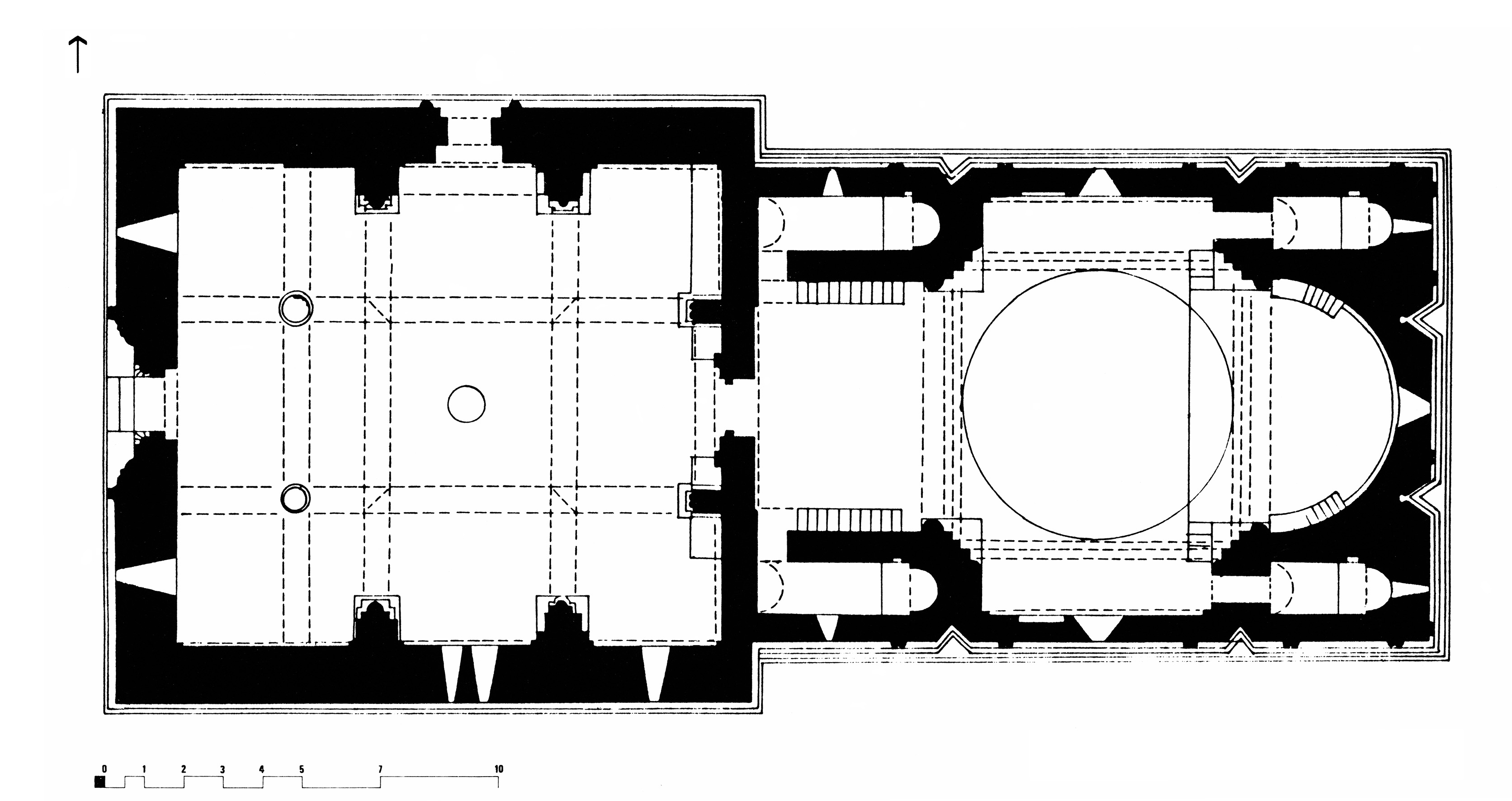 Gandzasar monastery (1216-1261/66), Artsʻakh. Plan of the central core (church and narthex), after Ulubabian & Hasratian 1987, p. 61