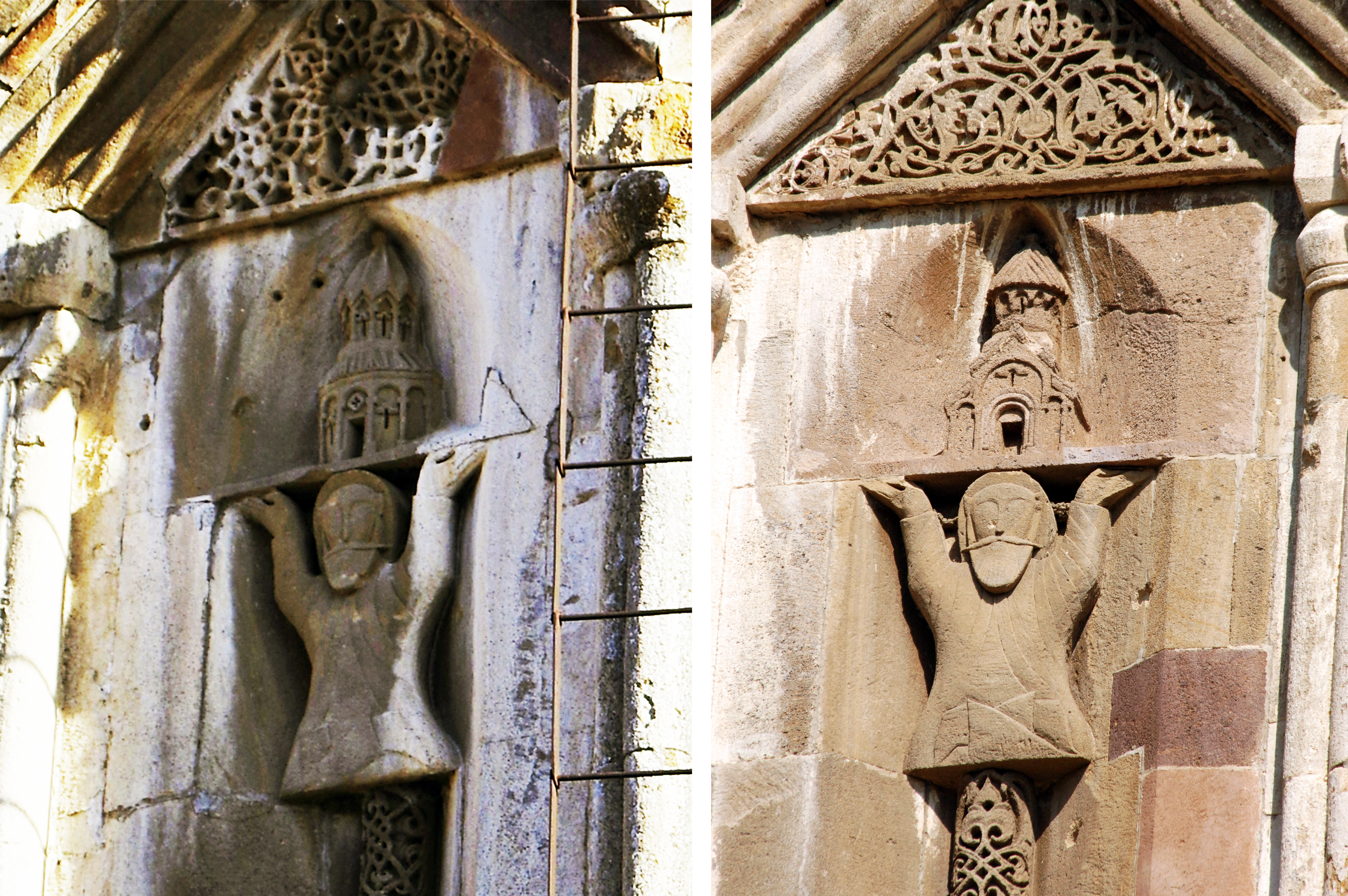 Gandzasar monastery. Church of St-John the Baptist / Surb Yovhannēs Mkrtichʻ (1216-1238). Donors on two west sides of the drum (west-northwest and west-southwest). Photos: Z. Sargsyan