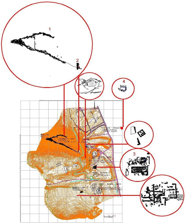 The city layout with indications of excavated areas: Tigranakert and its surrounding monuments and archaeological complexes.